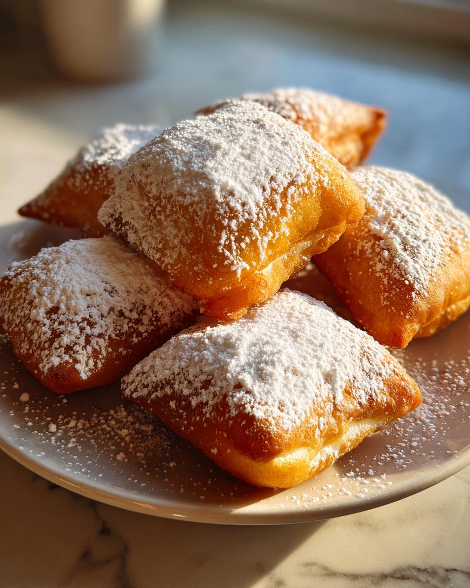 A close-up of several golden brown vanilla french beignets generously dusted with white powdered sugar on a light plate.