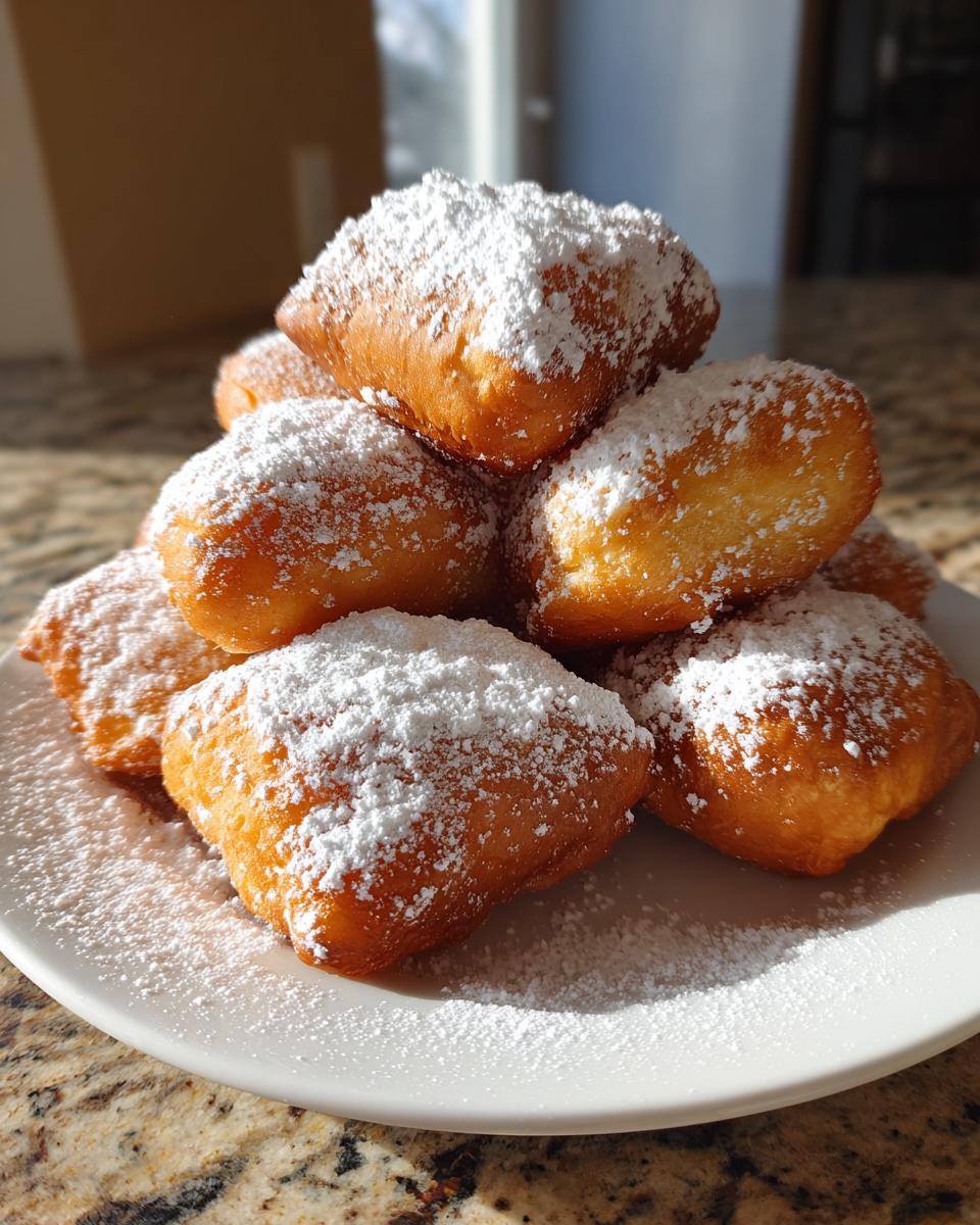A stack of golden brown vanilla french beignets generously dusted with white powdered sugar on a white plate.
