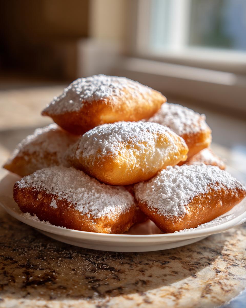 A stack of golden brown vanilla french beignets generously dusted with white powdered sugar on a white plate.