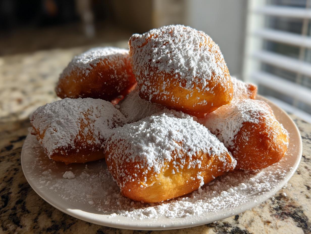 A plate piled high with golden brown vanilla french beignets generously dusted with white powdered sugar.