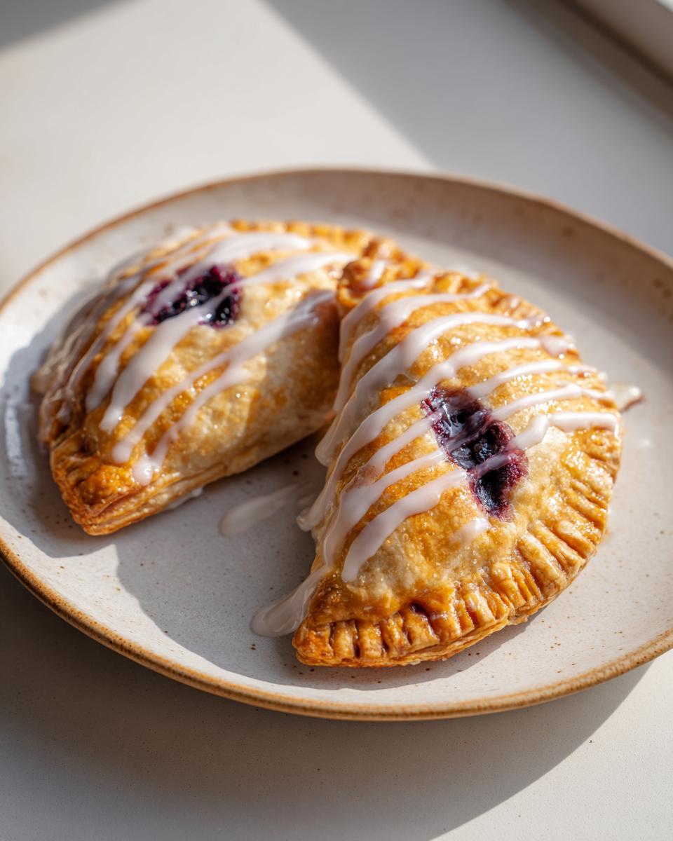 Two golden-brown vegan blueberry ghost hand pies drizzled with white icing, sitting on a rustic plate.