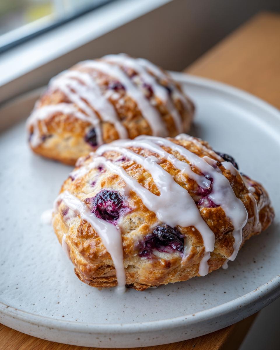 Two golden-brown vegan blueberry ghost hand pies topped with a thick white vanilla glaze, resting on a speckled white plate.