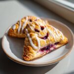 Two golden brown vegan blueberry ghost hand pies drizzled with white icing, sitting on a light plate.