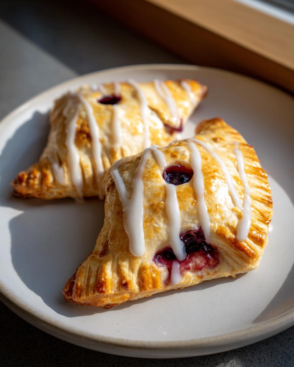 Two golden-brown vegan blueberry ghost hand pies drizzled with white icing, sitting on a light gray plate.