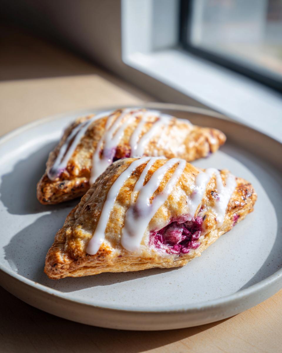 Close-up of two golden-brown vegan blueberry ghost hand pies drizzled with white icing on a light plate.
