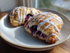 Two golden-brown vegan blueberry ghost hand pies drizzled with white icing, sitting on a light plate.