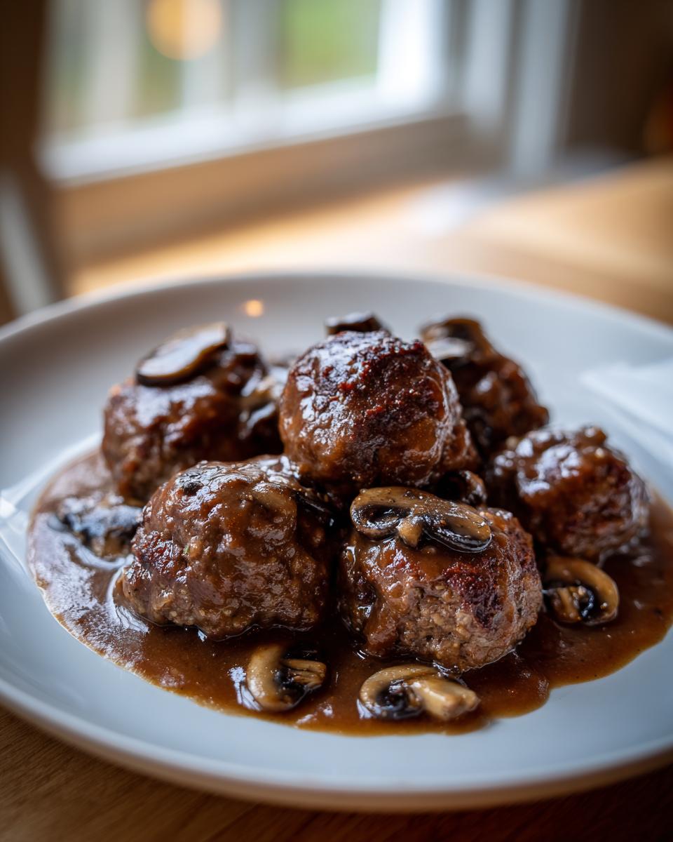Close-up of several venison meatballs with Marsala sauce and sliced mushrooms served on a white plate.