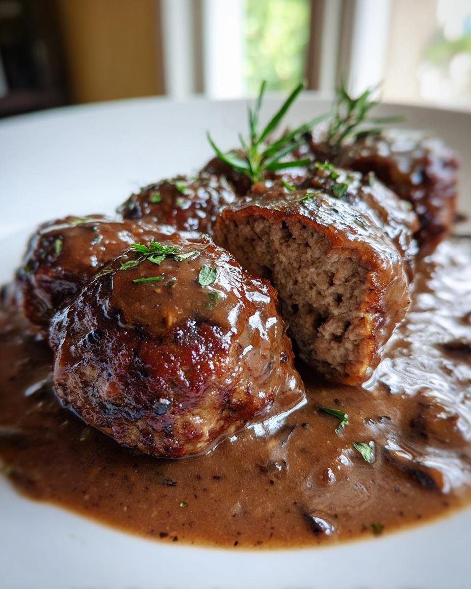 Close-up of browned venison meatballs smothered in rich Marsala sauce and garnished with rosemary.