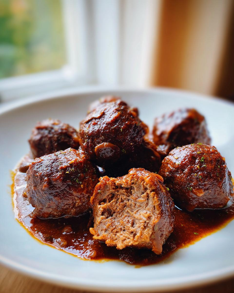 Close-up of several venison meatballs with marsala sauce, one cut open showing the texture.