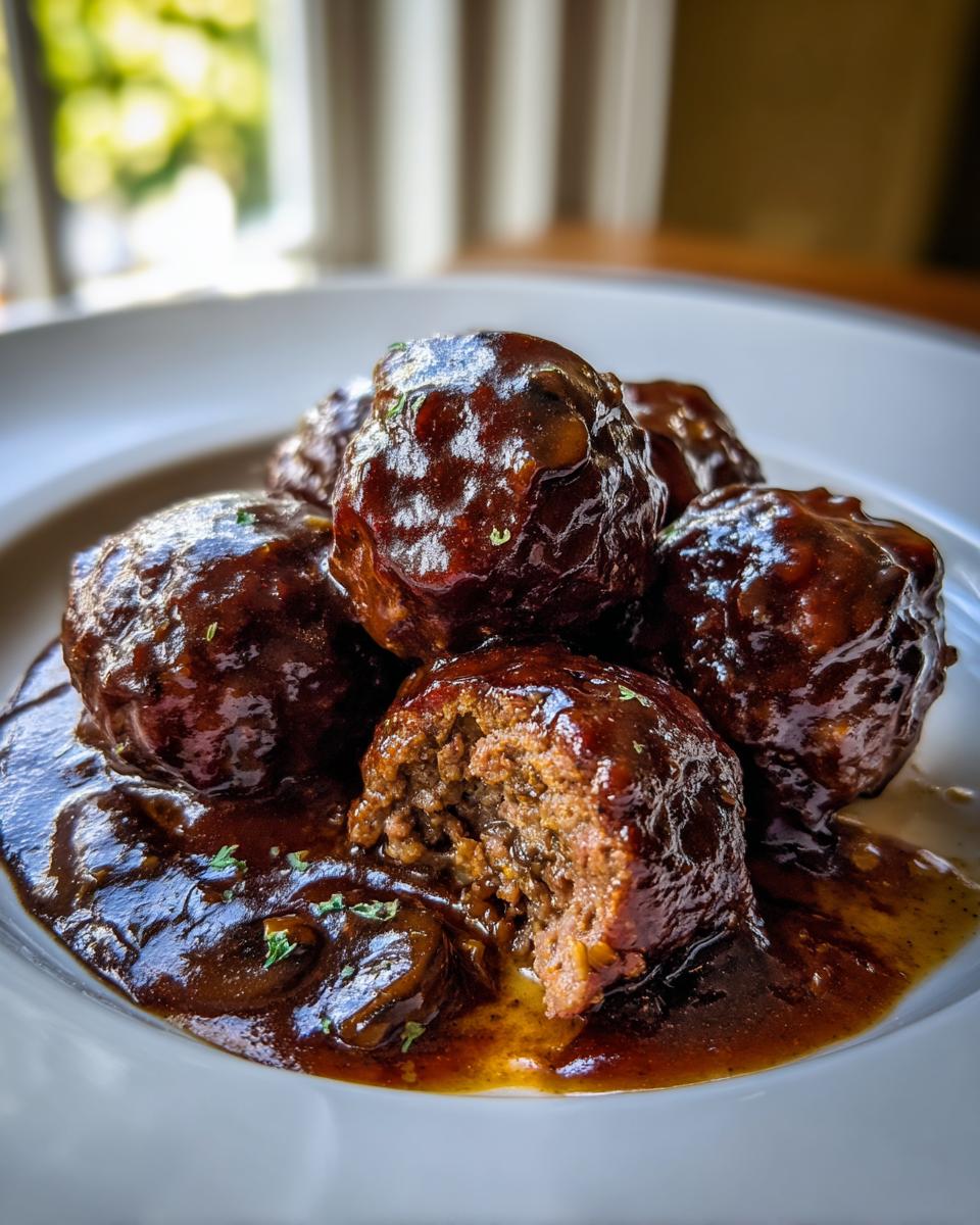 A serving of rich venison meatballs with Marsala sauce, one meatball cut open to show the texture.