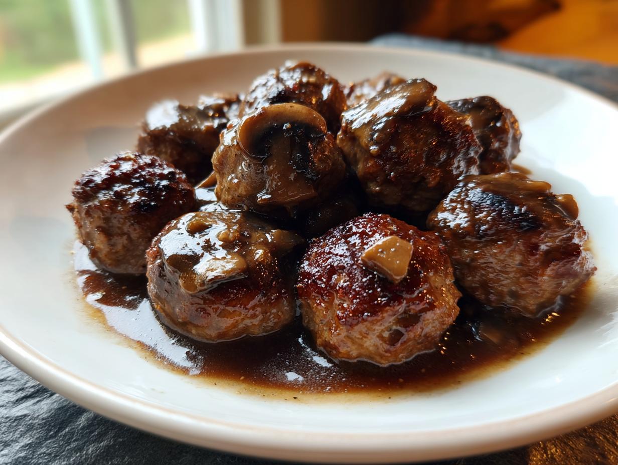 A close-up of several browned venison meatballs smothered in rich Marsala sauce with sliced mushrooms, served on a white plate.