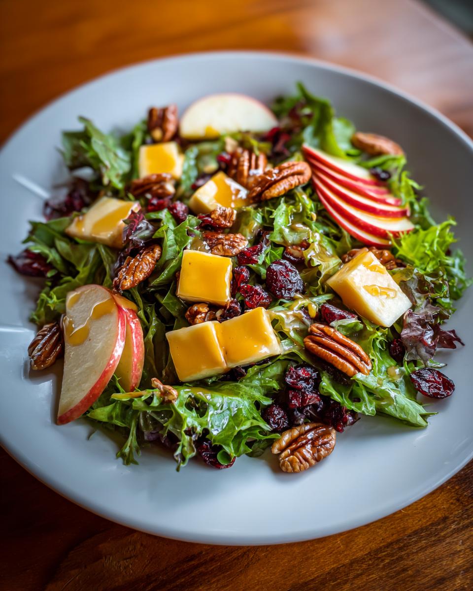Close-up of a vibrant apple salad featuring mixed greens, cheddar cheese cubes, pecans, dried cranberries, and fresh apple slices.
