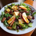A vibrant plate featuring an apple salad with mixed greens, sliced red apples, pecans, cheese cubes, and dried cranberries.