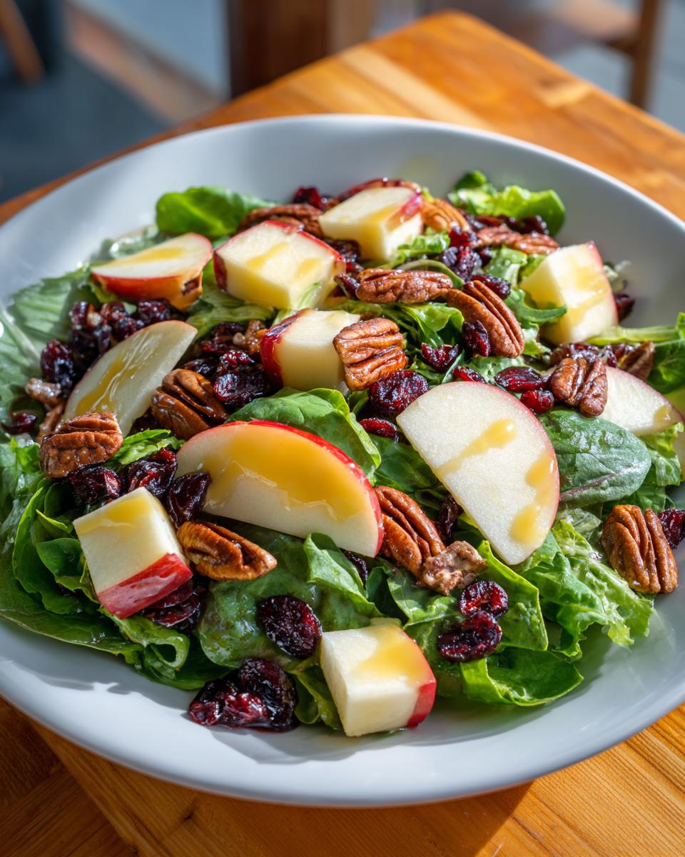 Close-up of a vibrant apple salad featuring crisp greens, sliced apples, pecans, and dried cranberries, drizzled with dressing.