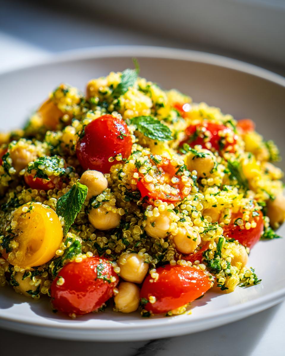 Close-up of a vibrant chickpea quinoa salad mixed with halved cherry tomatoes, chickpeas, and fresh mint.