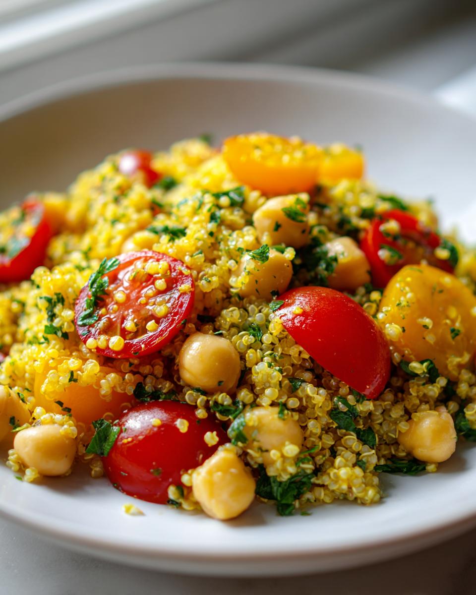 Close-up of a vibrant chickpea quinoa salad featuring yellow quinoa, chickpeas, halved red and yellow cherry tomatoes, and fresh parsley.