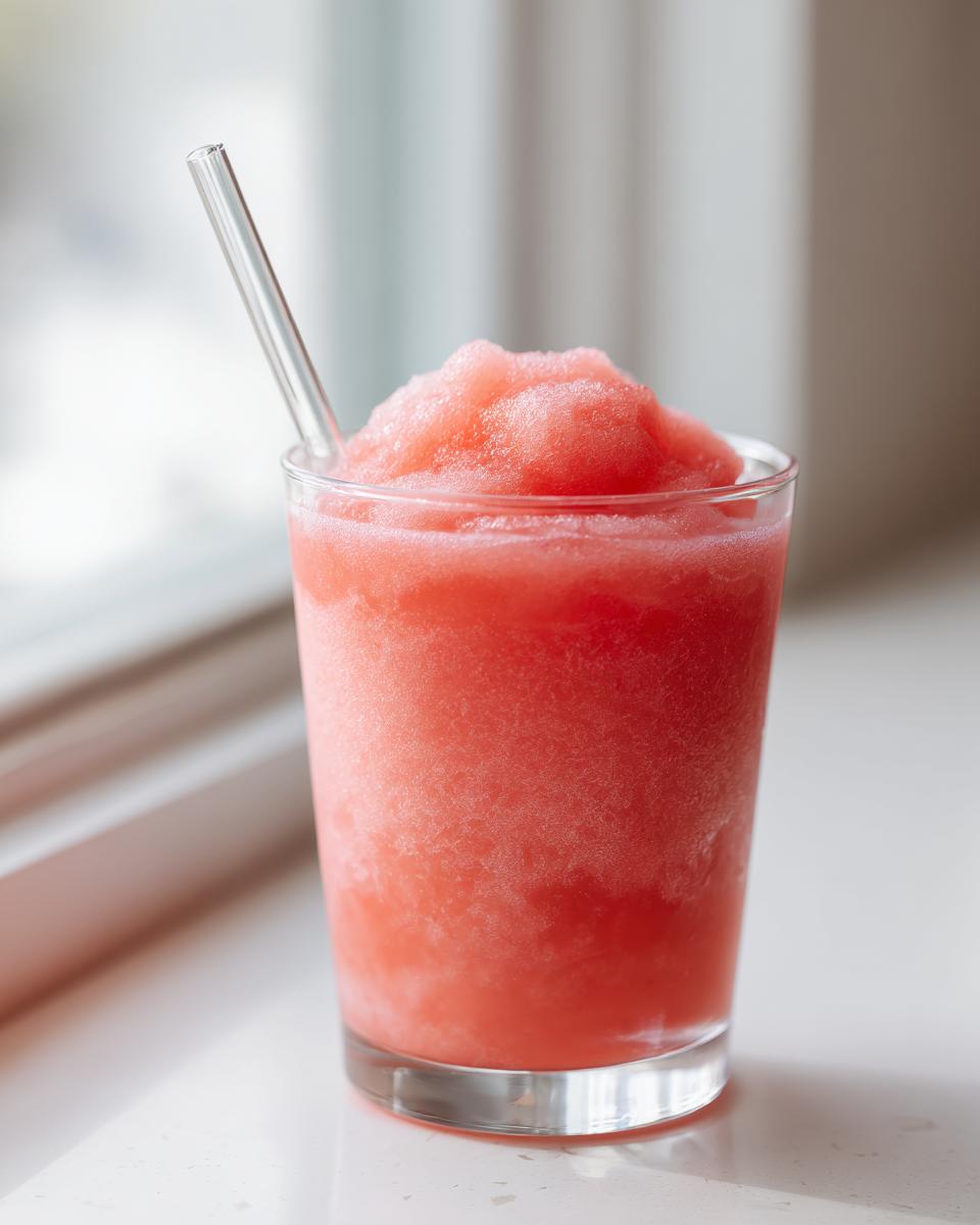 Close-up of a vibrant pink watermelon cloud slushie served in a clear glass with a reusable straw.