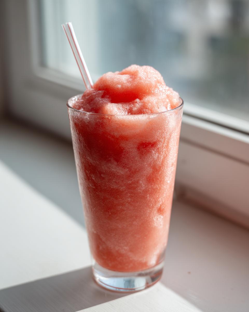 A tall glass filled with a vibrant pink, icy watermelon cloud slushie, featuring a striped straw, sitting on a bright windowsill.
