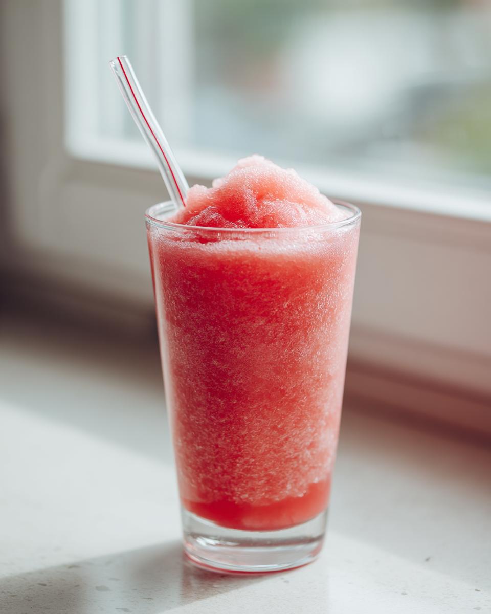 A tall glass filled with a bright pink, icy watermelon cloud slushie and a striped straw.