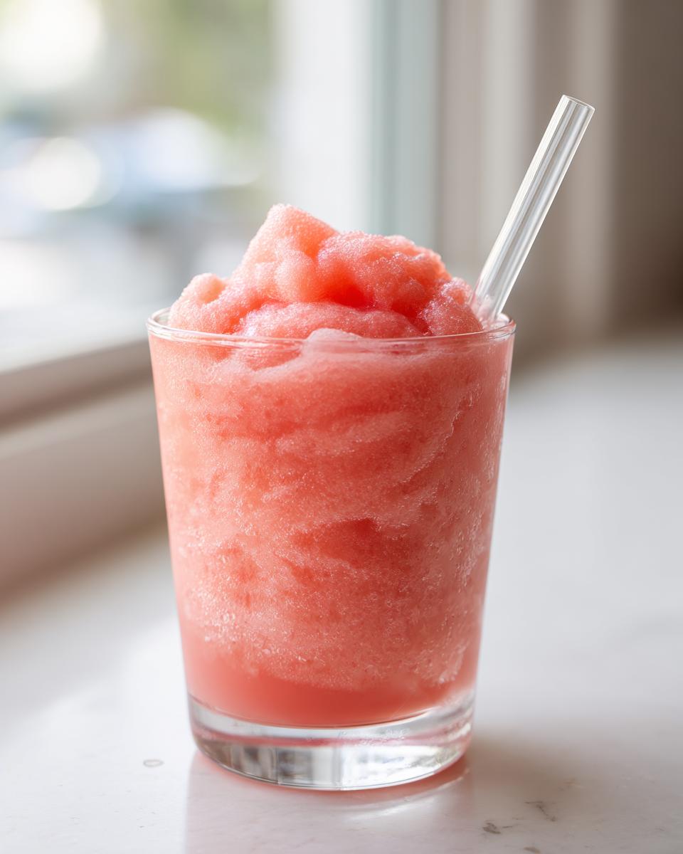Close-up of a tall glass filled with a fluffy, icy watermelon cloud slushie and a clear straw.