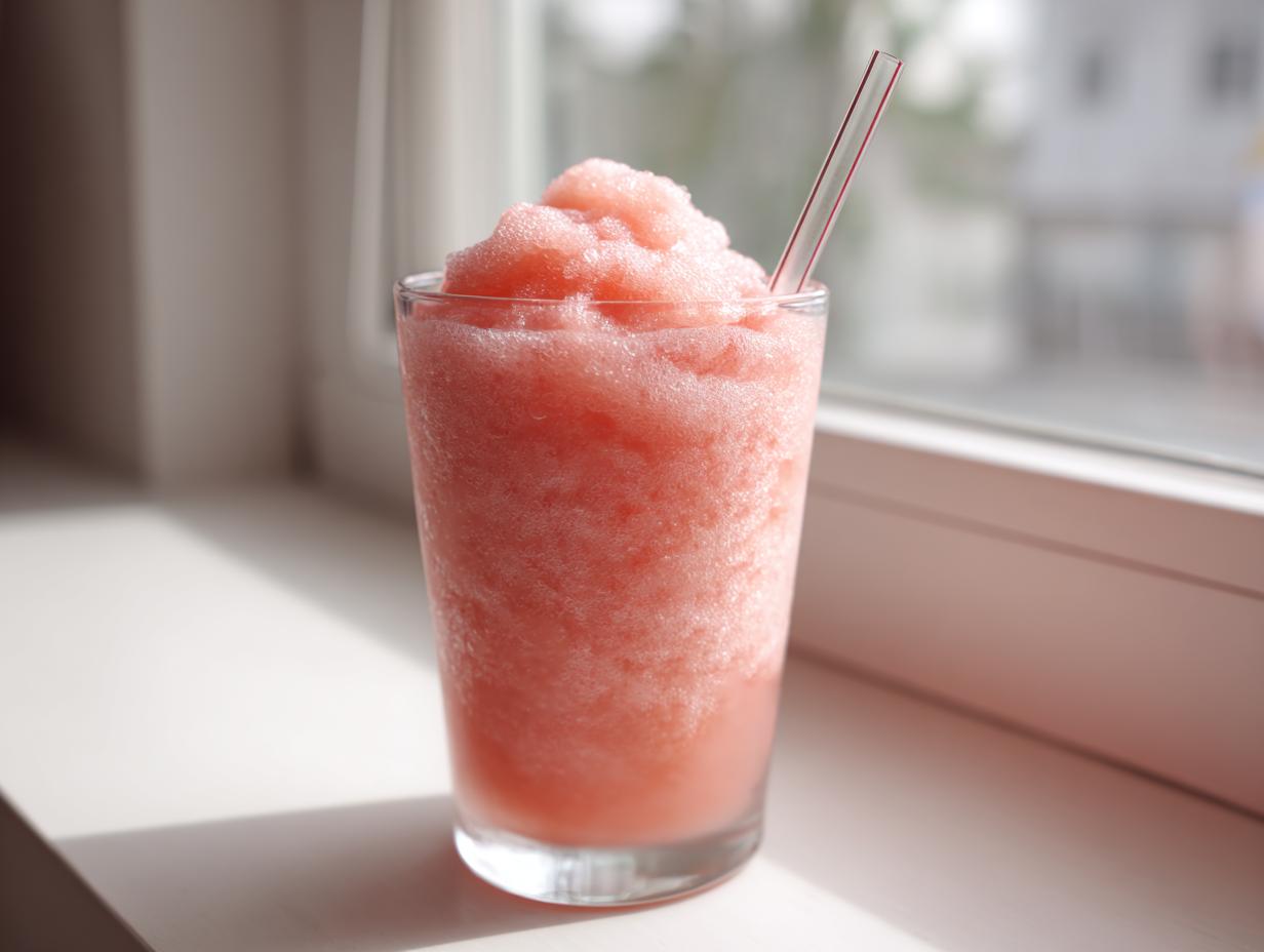 A tall glass filled with a fluffy, pink watermelon cloud slushie, sitting on a bright windowsill.