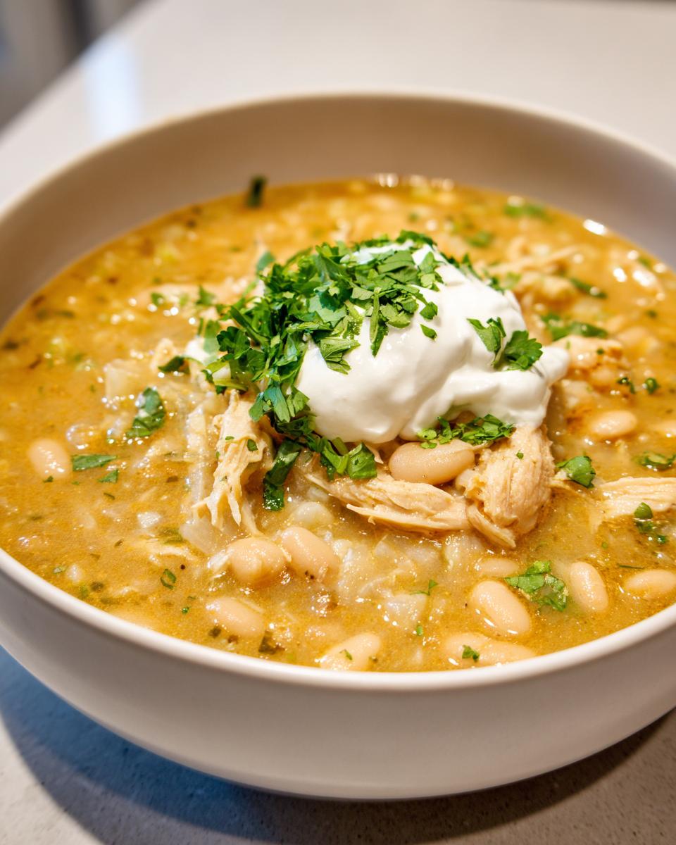 Close-up of a hearty bowl of white bean chicken chili recipe topped with shredded chicken, sour cream, and fresh cilantro.
