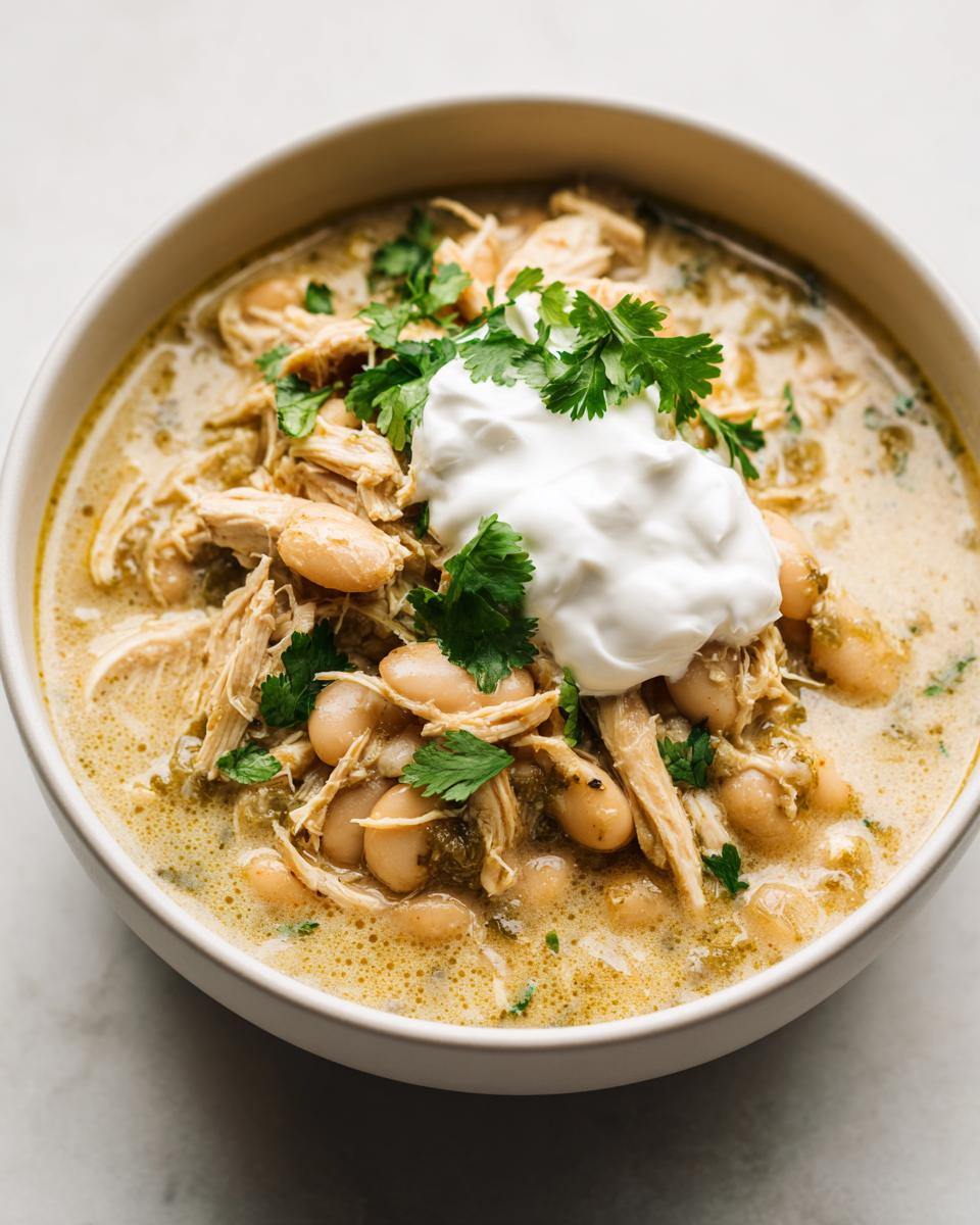 Close-up of a creamy bowl of white chicken chili recipe topped with shredded chicken, white beans, sour cream, and cilantro.