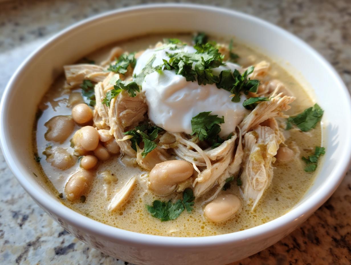 Close-up of a hearty bowl of white chicken chili recipe, featuring shredded chicken, white beans, and a dollop of sour cream topped with cilantro.
