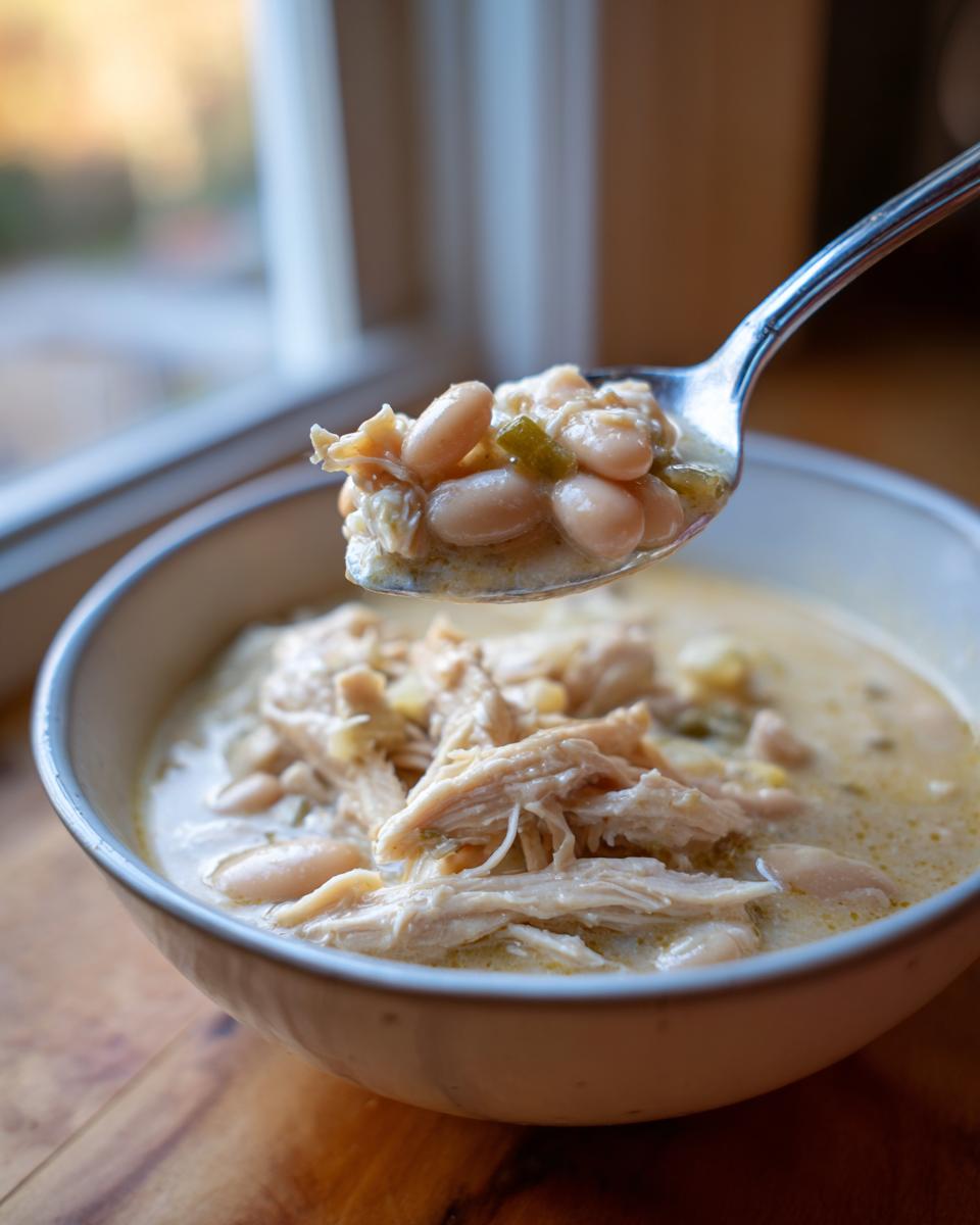 A spoonful of creamy white chicken chili recipe showing shredded chicken and white beans being lifted from a bowl.