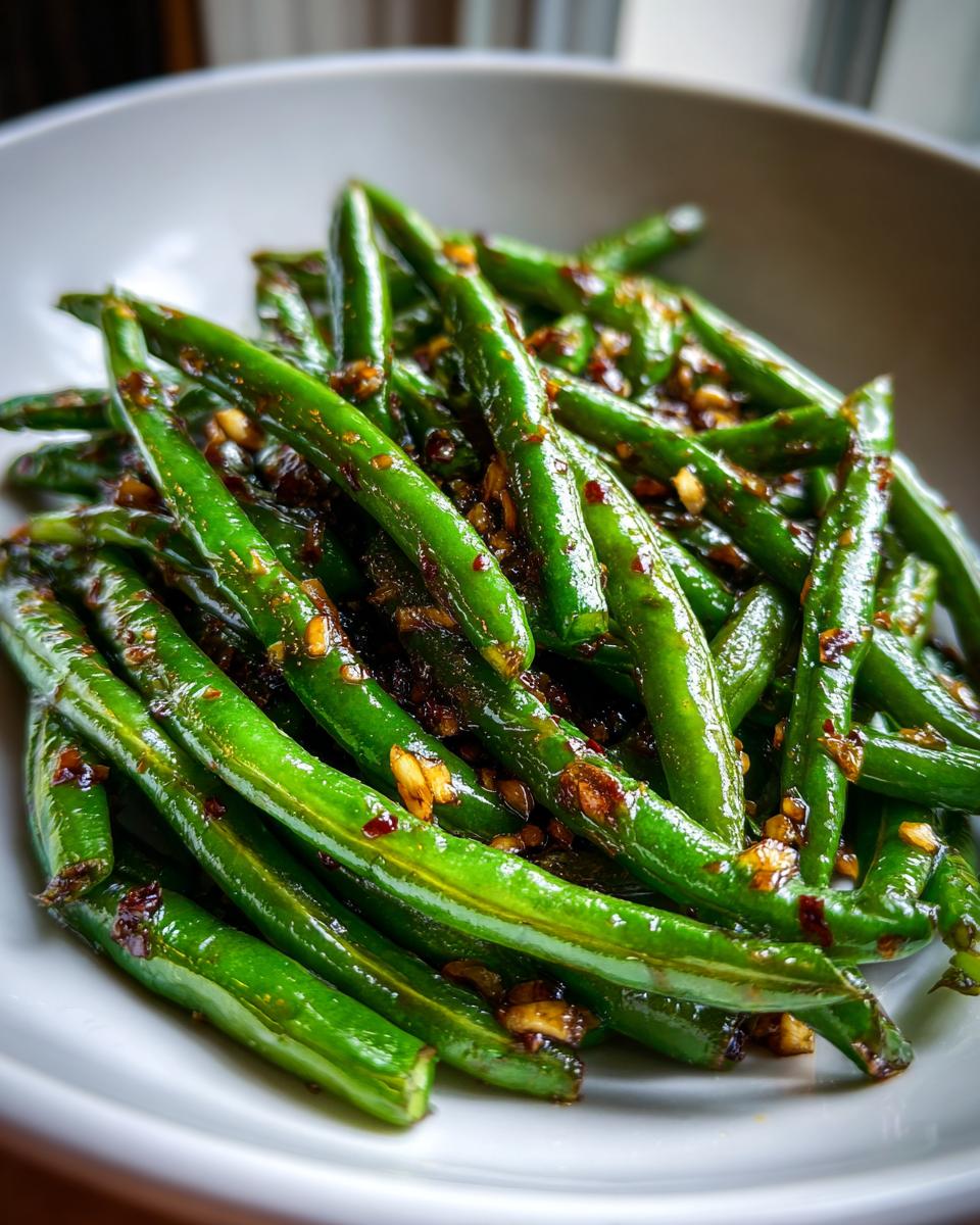 Close-up of vibrant green beans coated in a glossy, dark sauce with visible garlic pieces, prepared as worcestershire sauteed green beans.