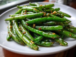 Close-up of glossy, bright green sauteed green beans tossed with garlic and Worcestershire sauce.