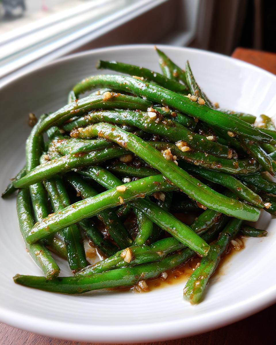 Close-up of vibrant, glossy worcestershire sauteed green beans coated in a savory sauce and garlic bits, served in a white bowl.