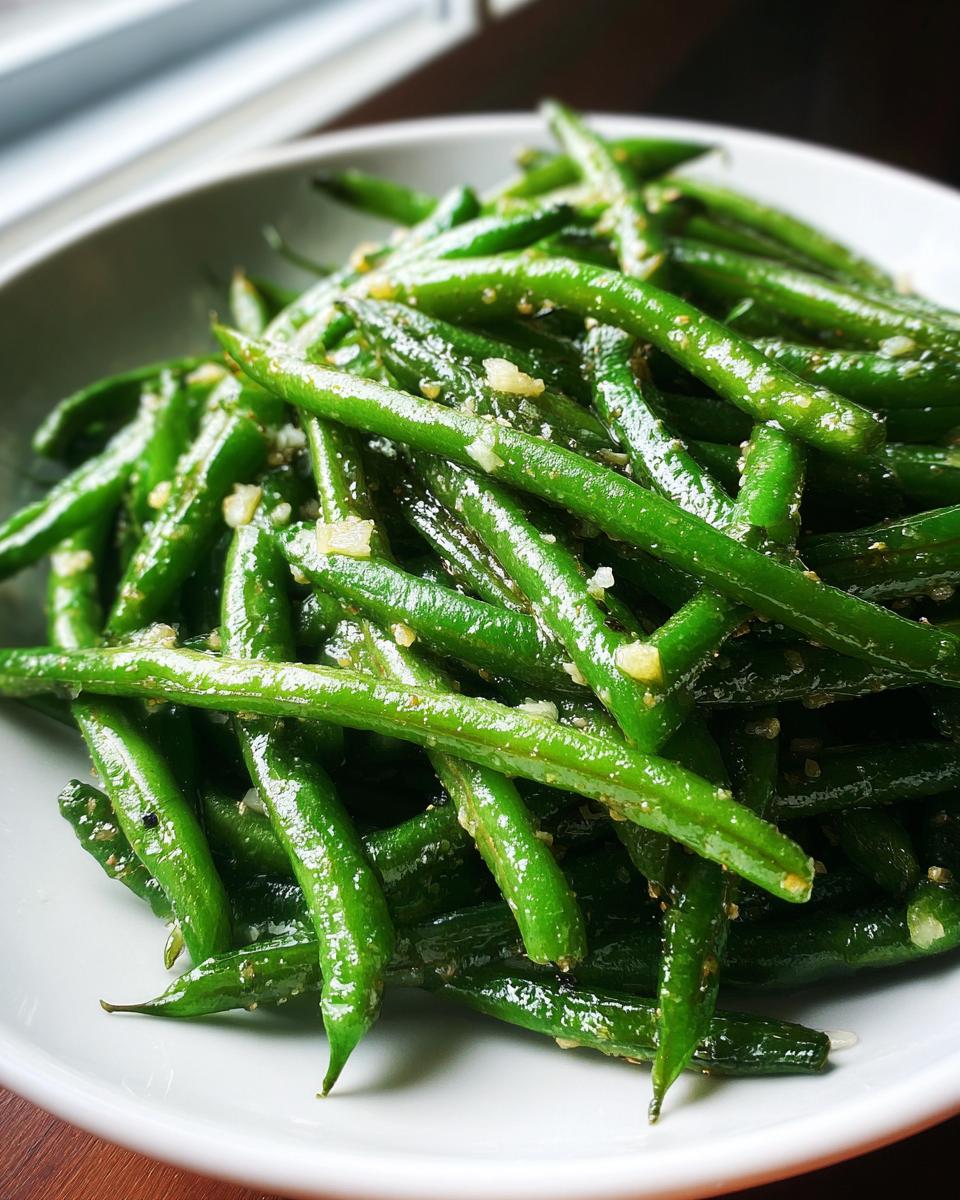 A close-up of bright green, glossy Worcestershire sauteed green beans tossed with minced garlic in a white bowl.