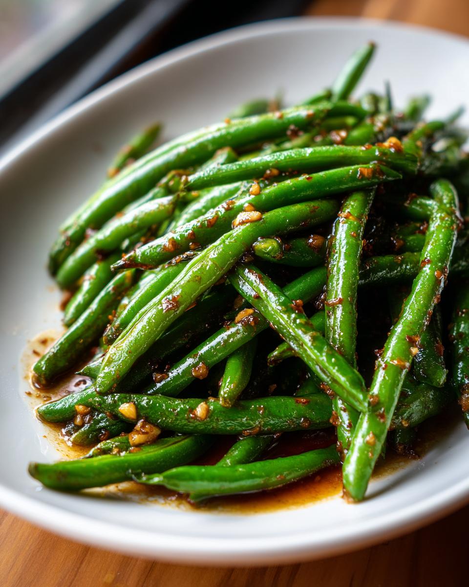 Close-up of glossy worcestershire sauteed green beans coated in a savory brown sauce with visible garlic bits.