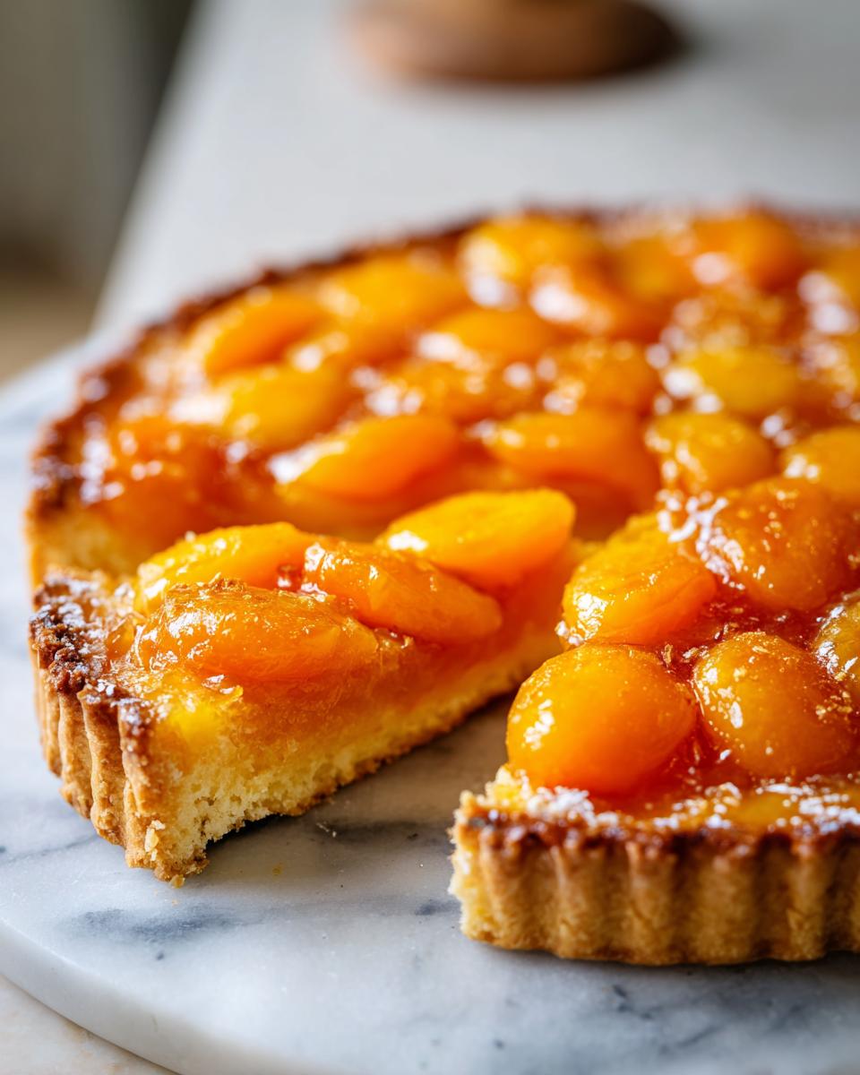 Close-up of a glistening apricot tart with a slice removed, showing the fruit topping and buttery crust of the apricot tart.