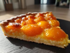 Close-up of a slice of apricot tart showing glazed fruit on a buttery crust.