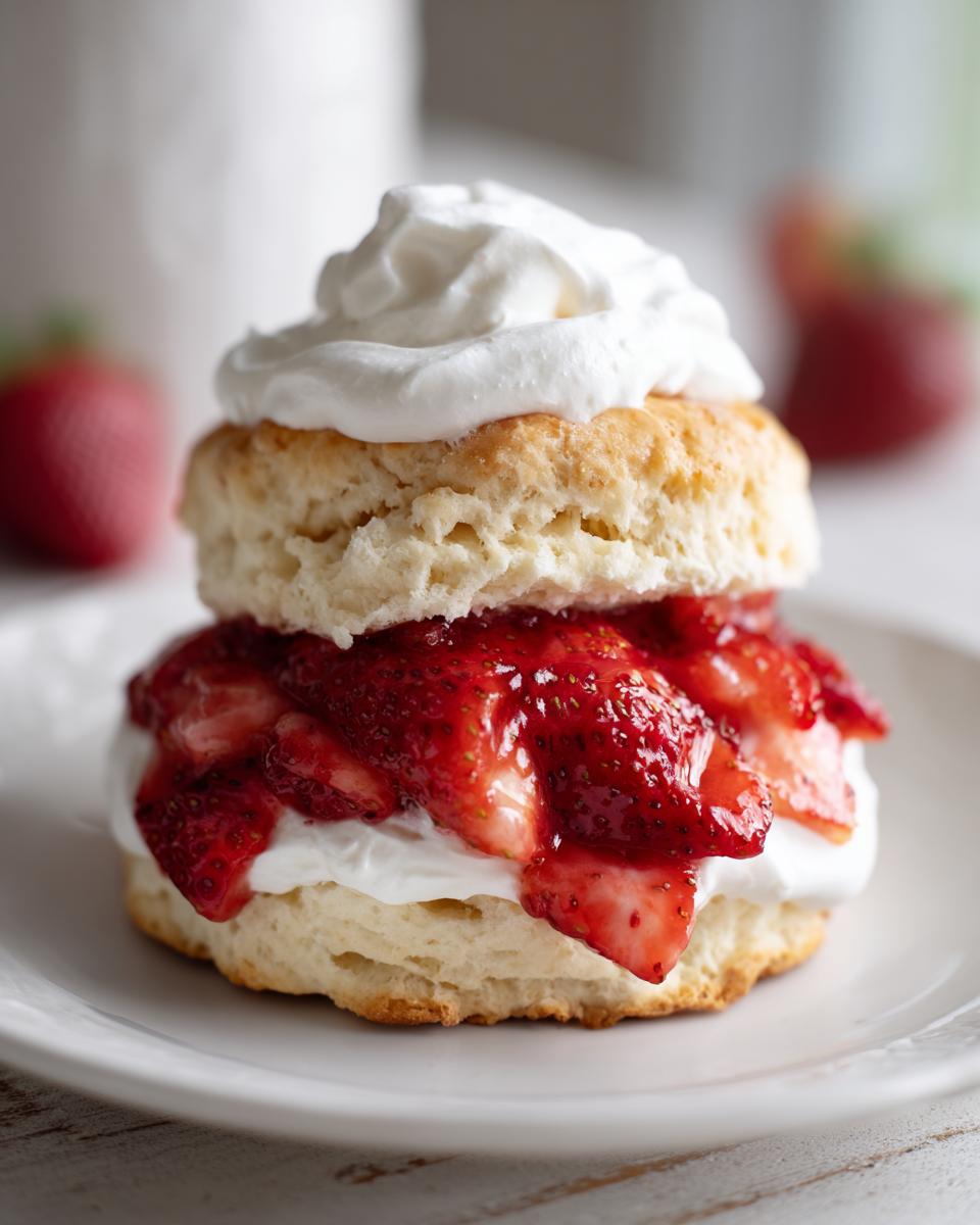 A close-up of a homemade strawberry shortcake featuring a biscuit, macerated strawberries, whipped cream, and more cream on top.