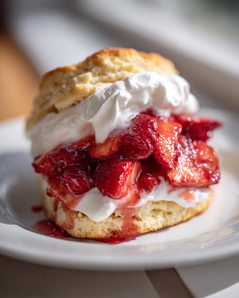 A close-up, sunlit view of a single serving of strawberry shortcake featuring a biscuit, macerated strawberries, and whipped cream.