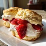 Two halves of a fluffy biscuit filled with fresh strawberries and whipped cream, making a perfect strawberry shortcake.