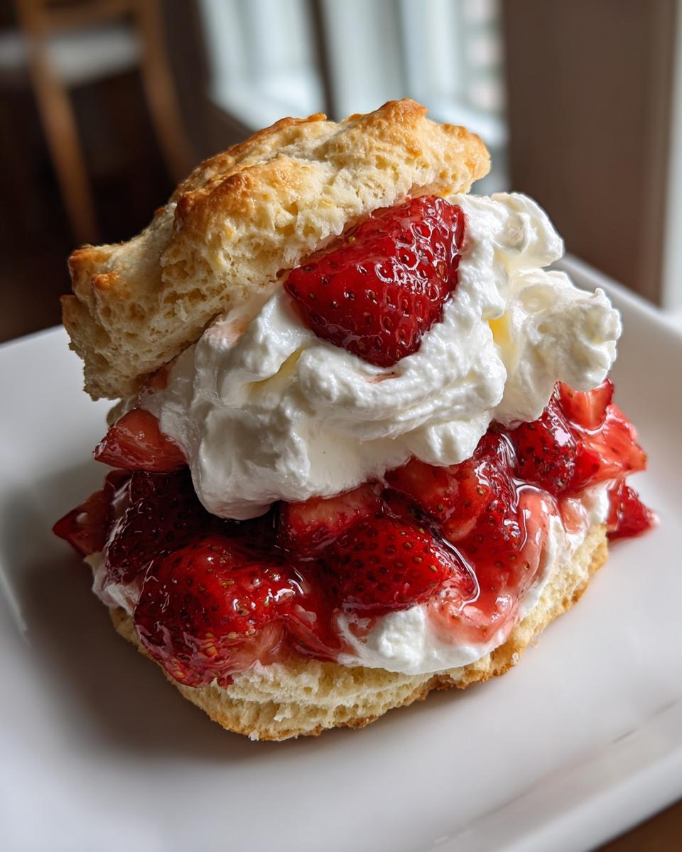 A close-up view of a delicious strawberry shortcake featuring a biscuit, macerated strawberries, and whipped cream.