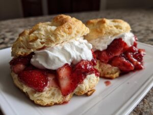 Two fluffy biscuits filled with macerated strawberries and whipped cream make up this delicious strawberry shortcake.