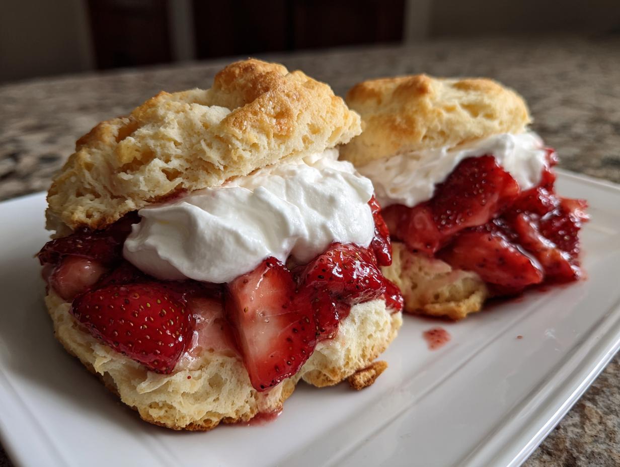 Two fluffy biscuits filled with macerated strawberries and whipped cream make up this delicious strawberry shortcake.