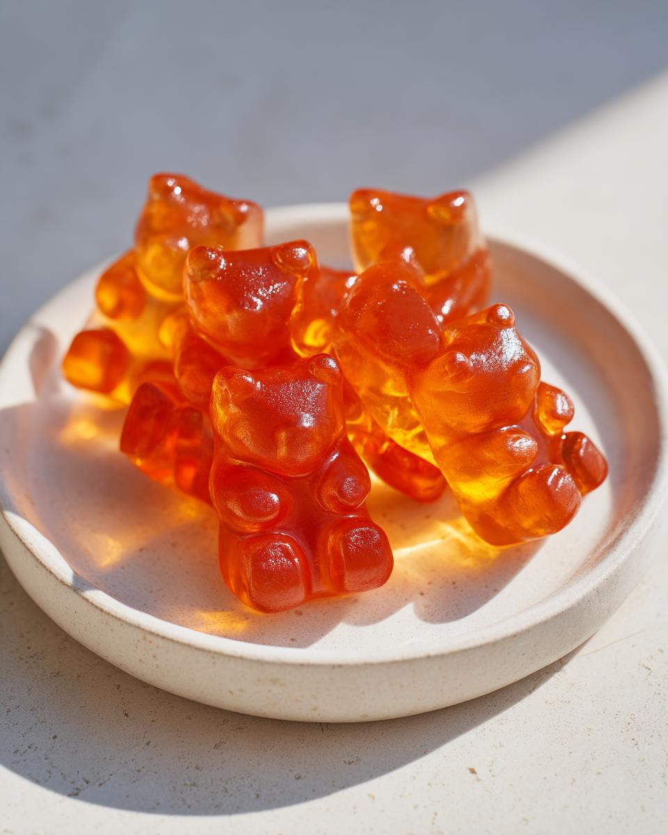 Close-up of several translucent, amber-colored apple cider vinegar gummies shaped like bears on a small ceramic plate.