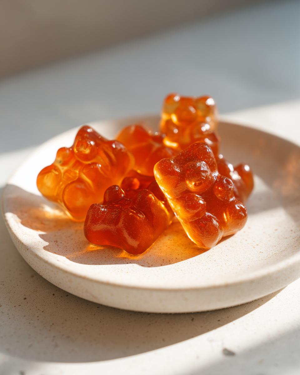 Close-up of several amber-colored, bear-shaped apple cider vinegar gummies resting on a light ceramic plate.