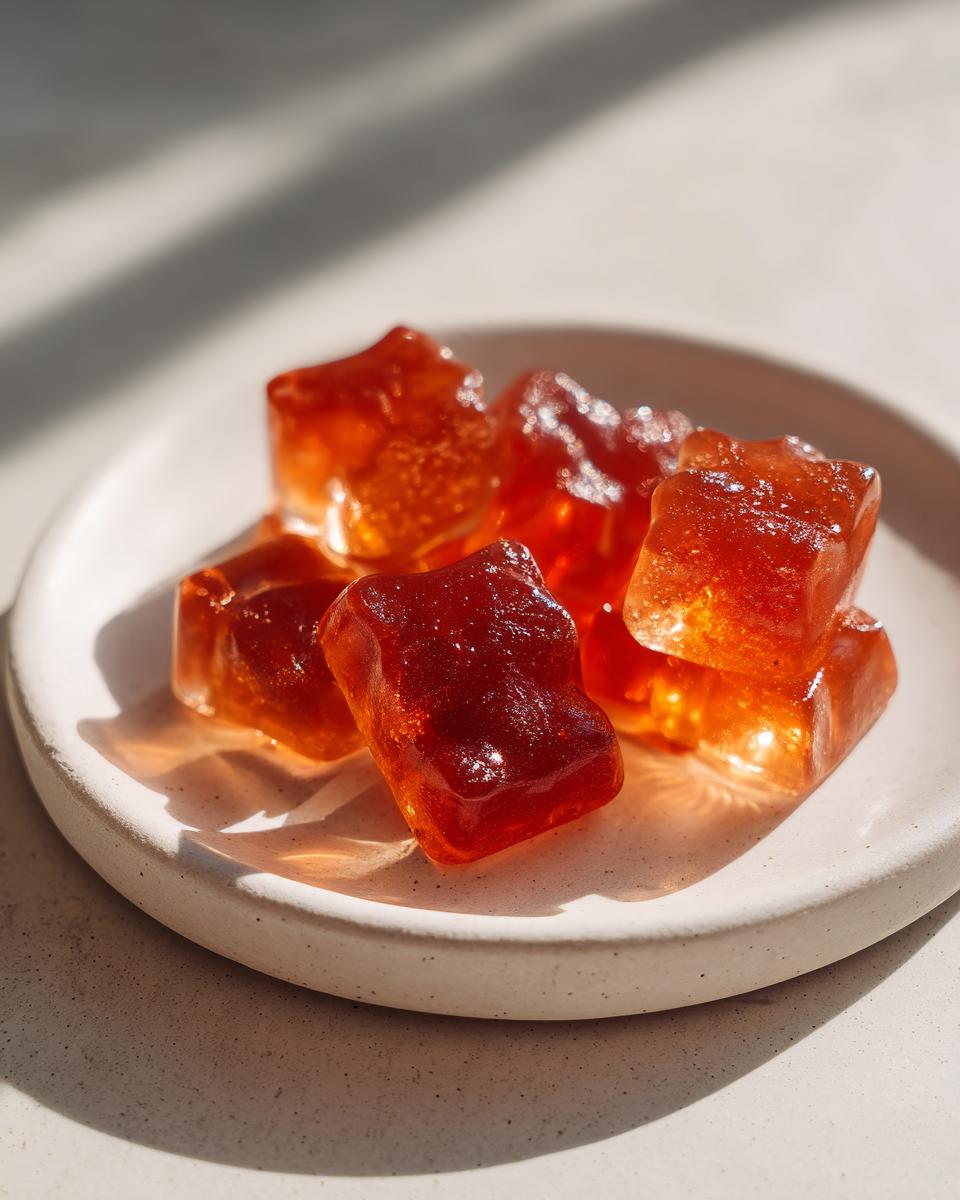 Close-up of several translucent, amber-colored homemade apple cider vinegar gummies resting on a small, light-colored ceramic plate.