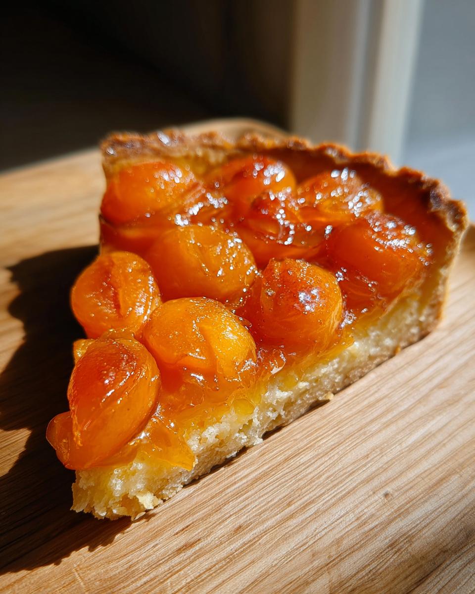 Close-up of a glistening slice of apricot tart with whole apricots on a wooden board.