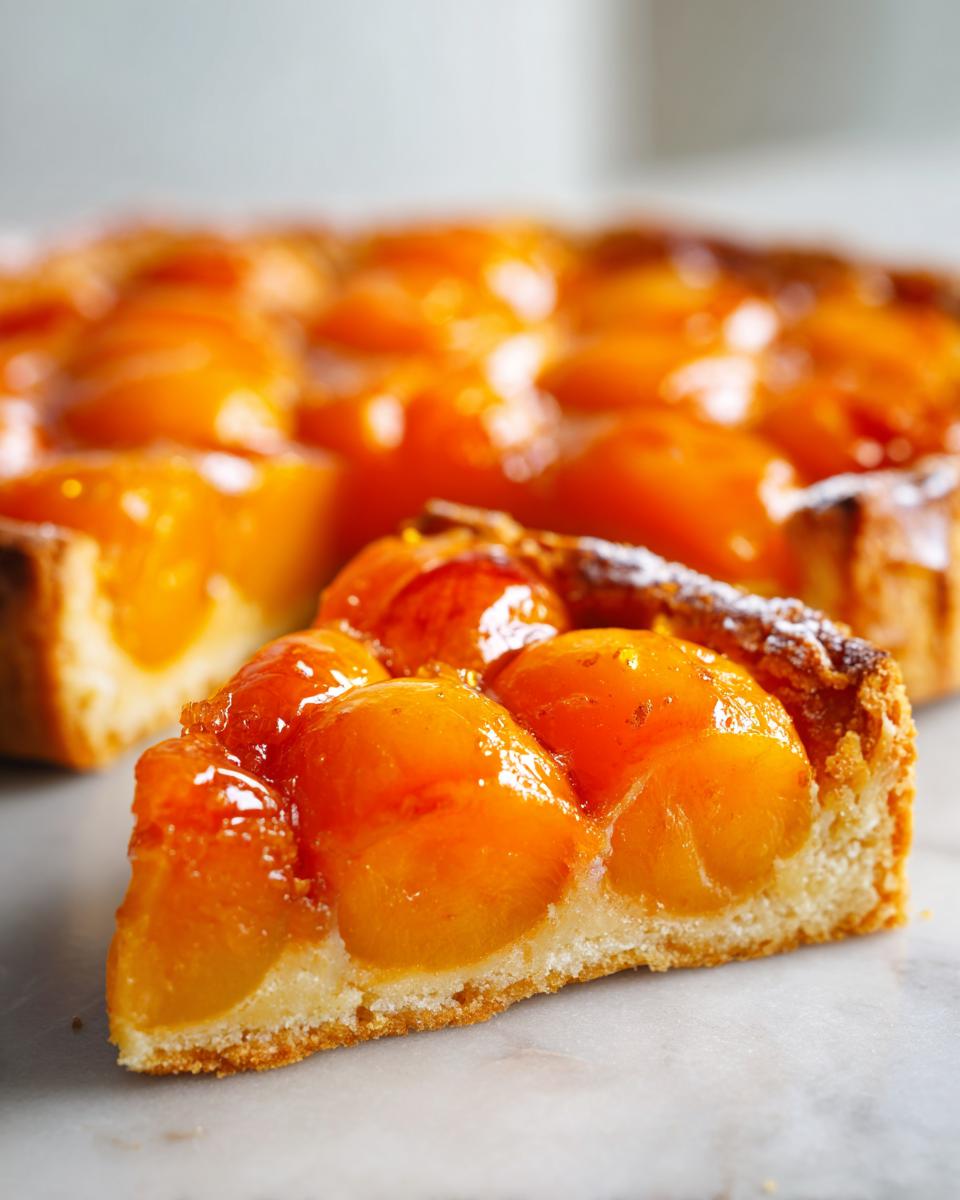 A close-up slice of a glistening apricot tart showing the bright orange fruit topping and buttery crust.