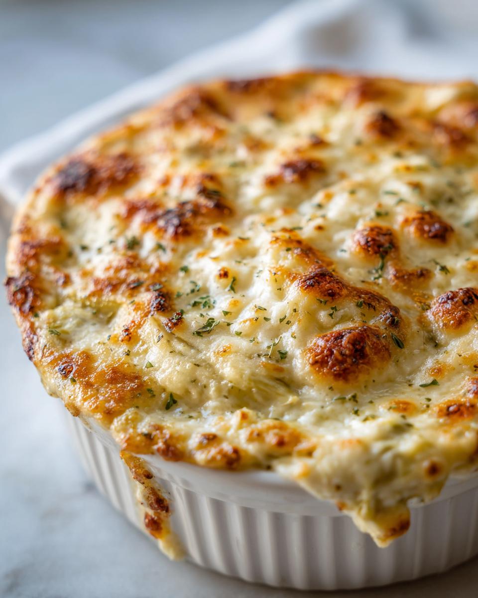 Close-up of a bubbling, baked Artichoke cream dip topped with melted, browned cheese and sprinkled parsley.