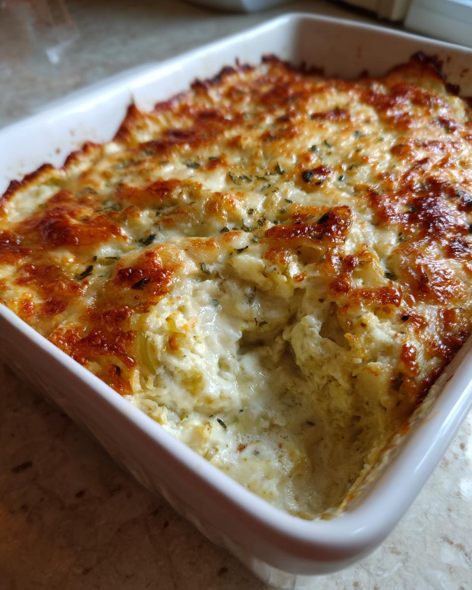 A close-up of hot, bubbly Artichoke cream dip with a golden-brown, cheesy top in a white baking dish.