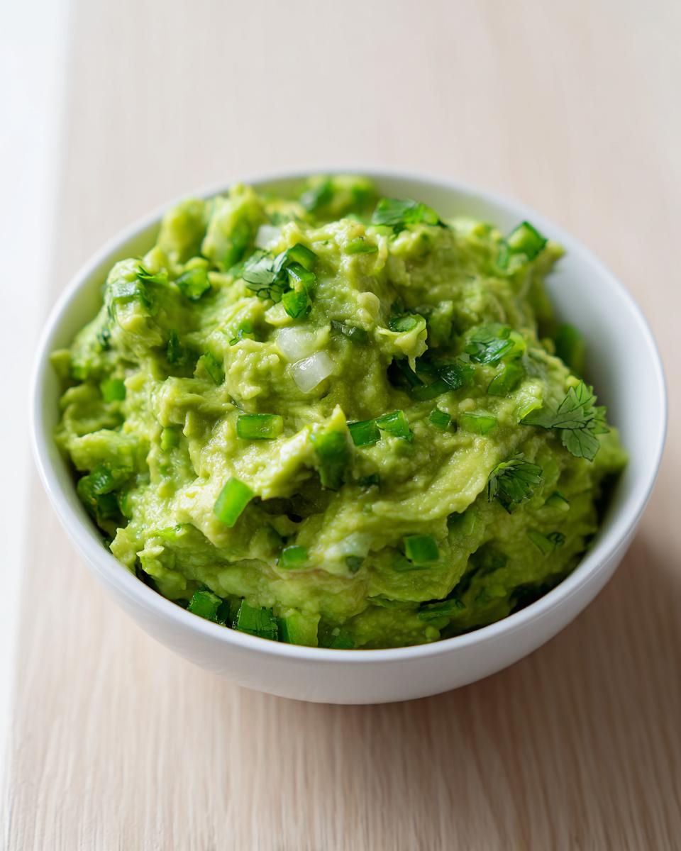 A close-up of chunky, vibrant green Authentic guacamole topped with diced jalapeños and cilantro in a white bowl.